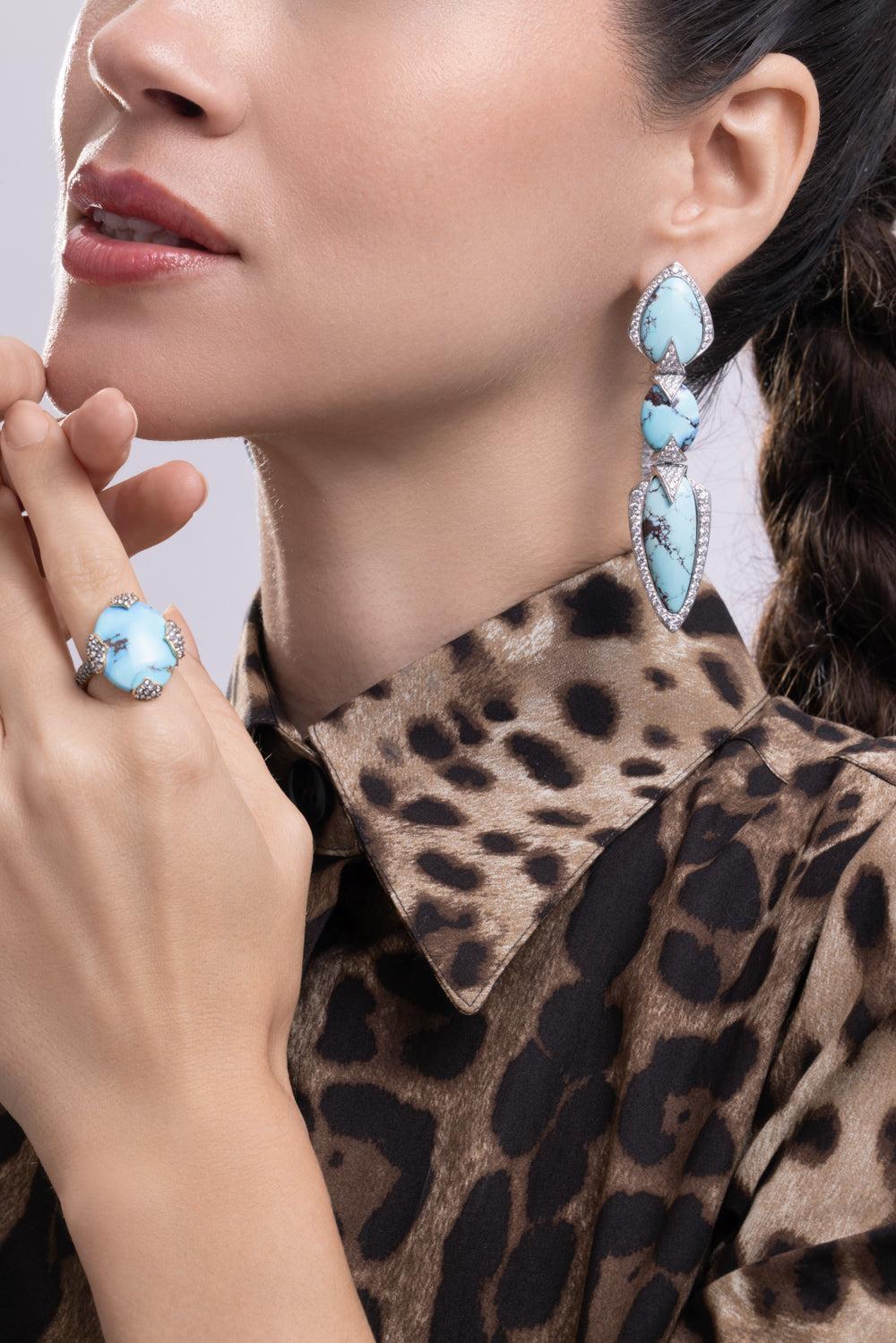 Turquoise Diamond Three Layer Earrings-WHITE GOLD-JEWELRYFINE JEWELEARRING-ARUNASHI