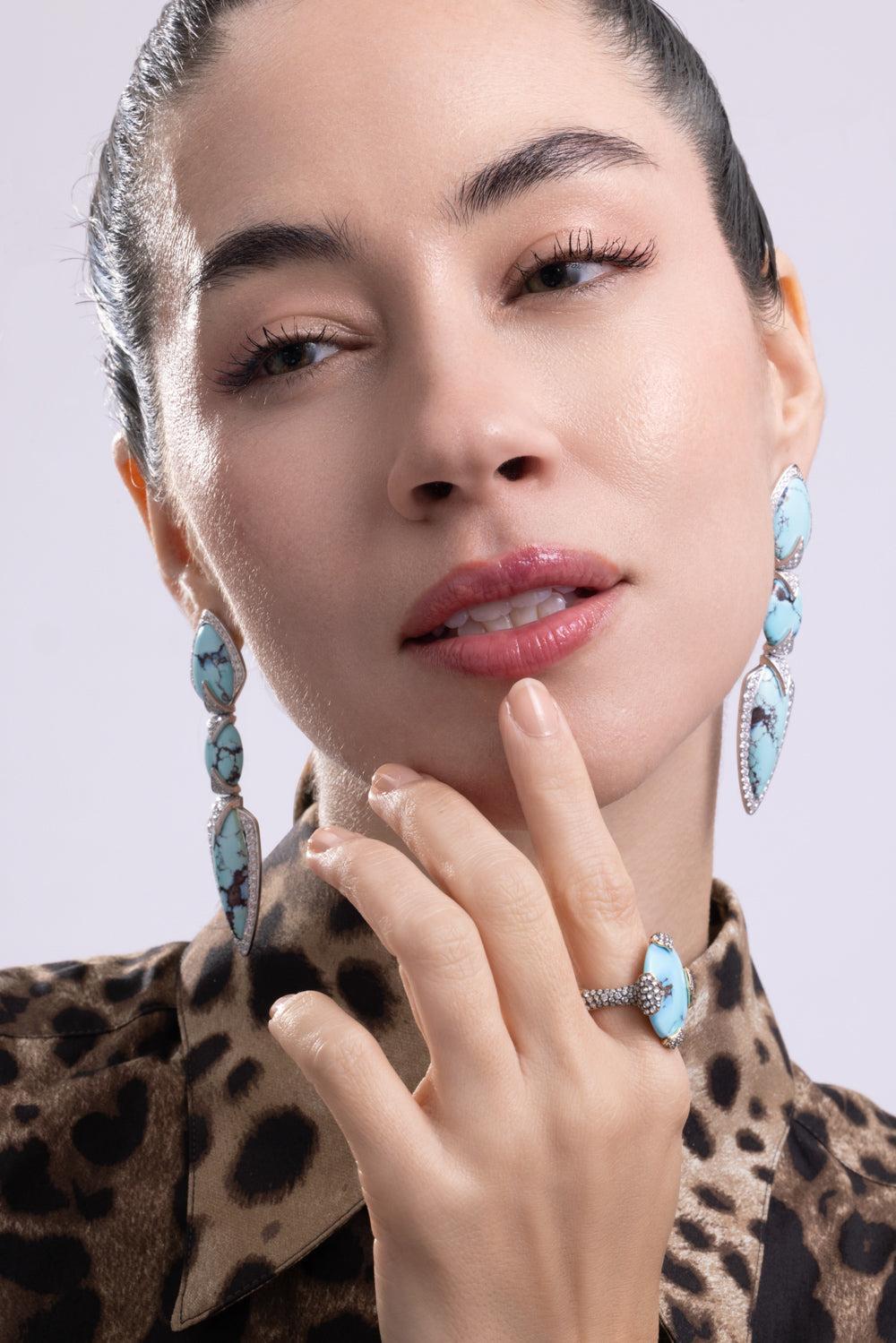 Turquoise Diamond Three Layer Earrings-WHITE GOLD-JEWELRYFINE JEWELEARRING-ARUNASHI
