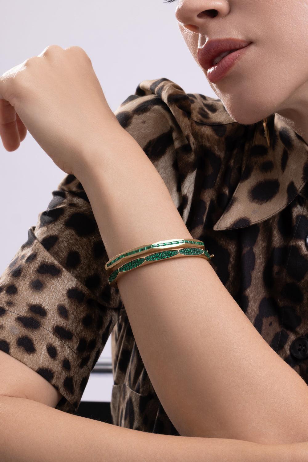 Emerald Micro Pave Enigma Bangle Bracelet - Yellow Gold-YELLOW GOLD-JEWELRYFINE JEWELBRACELET O-ARUNASHI