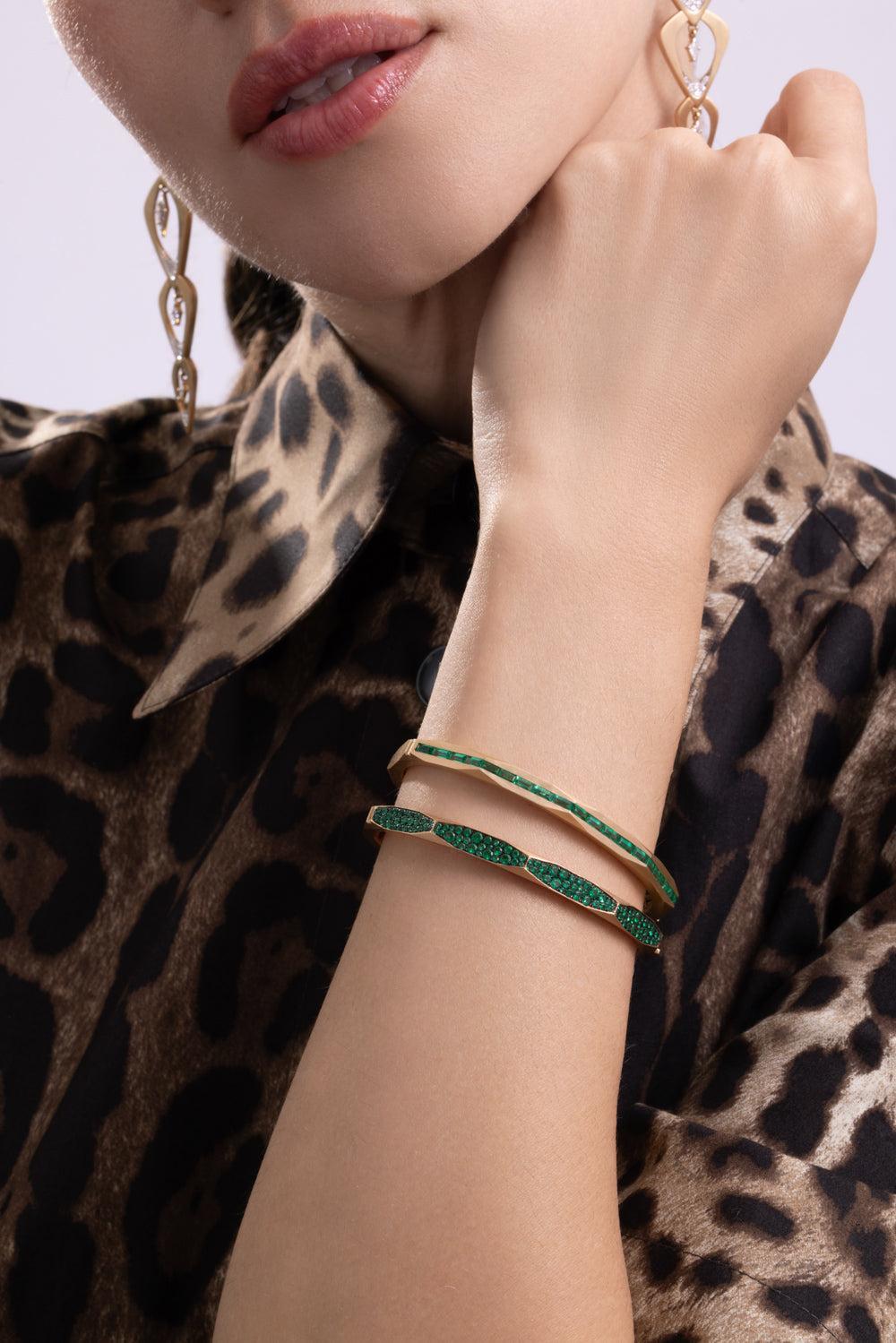Emerald Micro Pave Enigma Bangle Bracelet - Yellow Gold-YELLOW GOLD-JEWELRYFINE JEWELBRACELET O-ARUNASHI