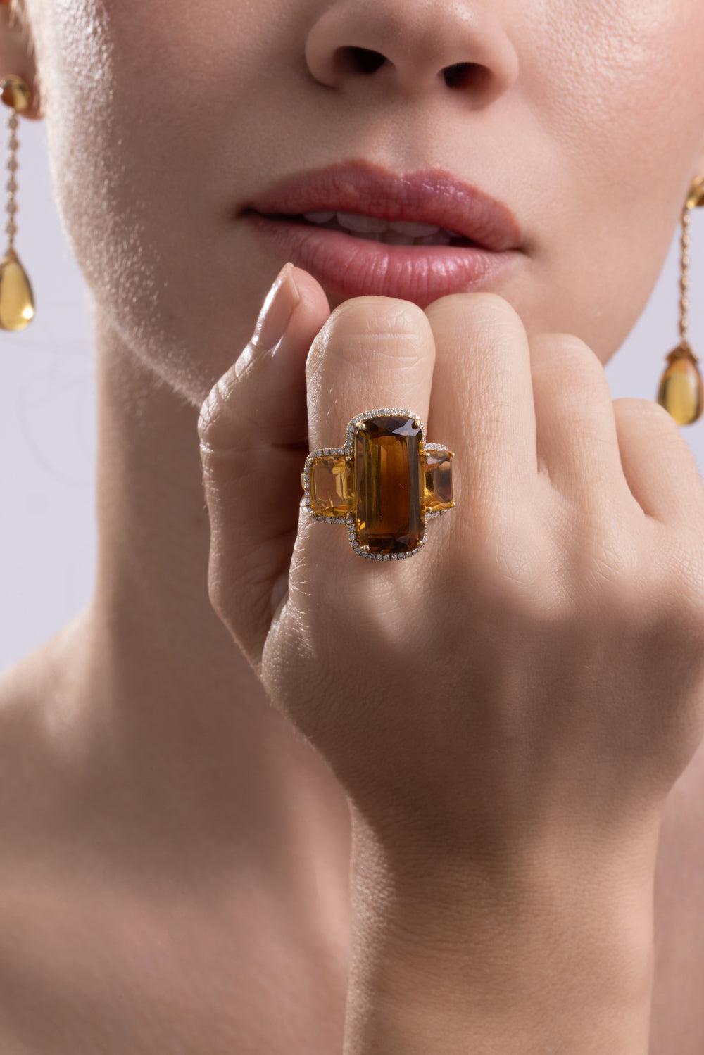 Citrine Three Stone Gossip Ring-YELLOW GOLD-6.25-JEWELRYFINE JEWELRING-GOSHWARA