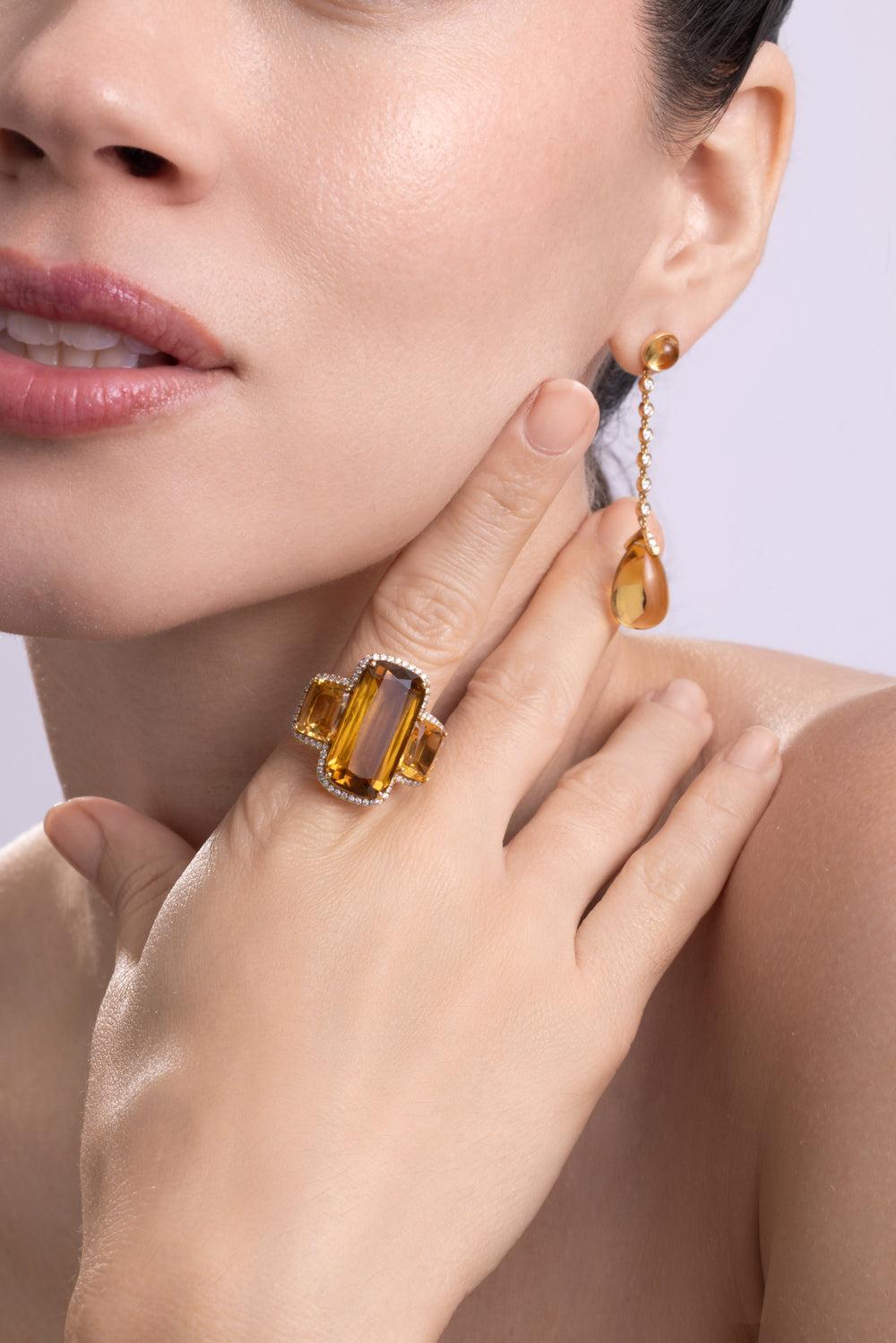 Citrine Three Stone Gossip Ring-YELLOW GOLD-6.25-JEWELRYFINE JEWELRING-GOSHWARA