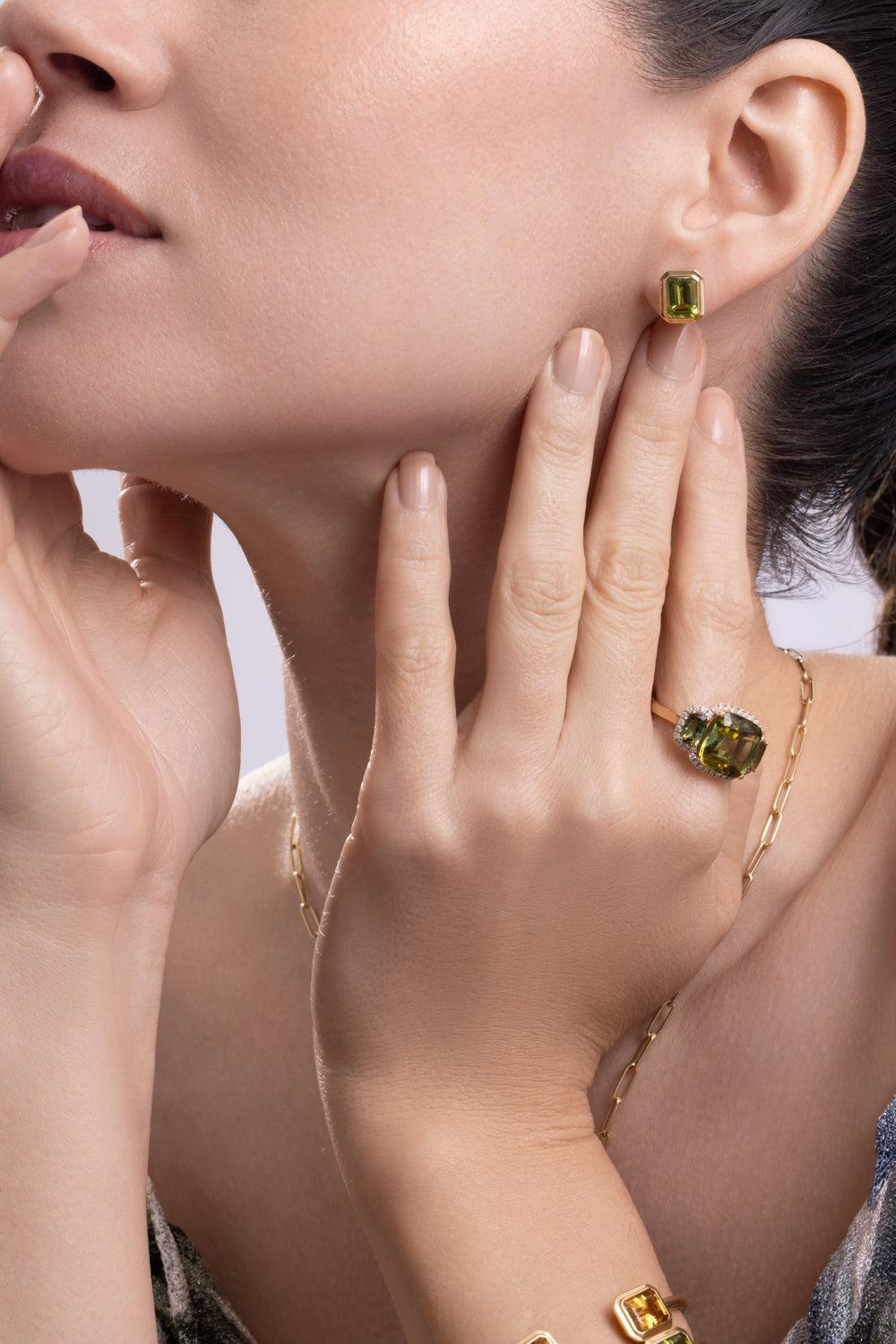 Peridot Bezel Manhattan Stud Earrings-YELLOW GOLD-JEWELRYFINE JEWELEARRING-GOSHWARA