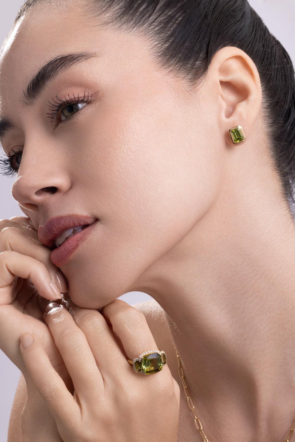 Peridot Bezel Manhattan Stud Earrings-YELLOW GOLD-JEWELRYFINE JEWELEARRING-GOSHWARA