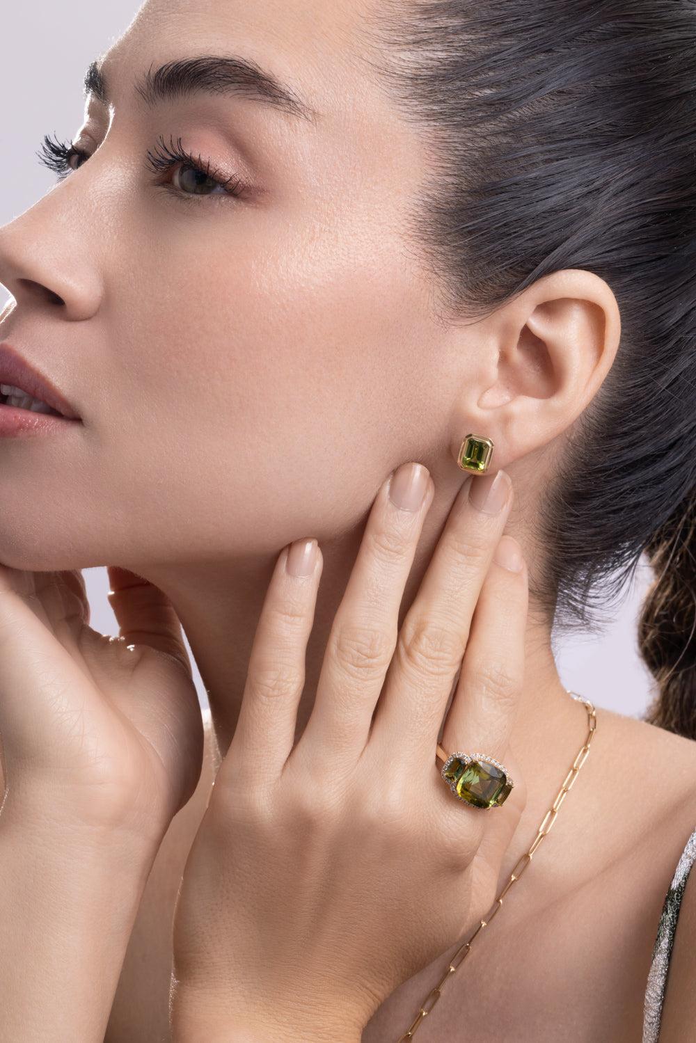 Peridot Bezel Manhattan Stud Earrings-YELLOW GOLD-JEWELRYFINE JEWELEARRING-GOSHWARA