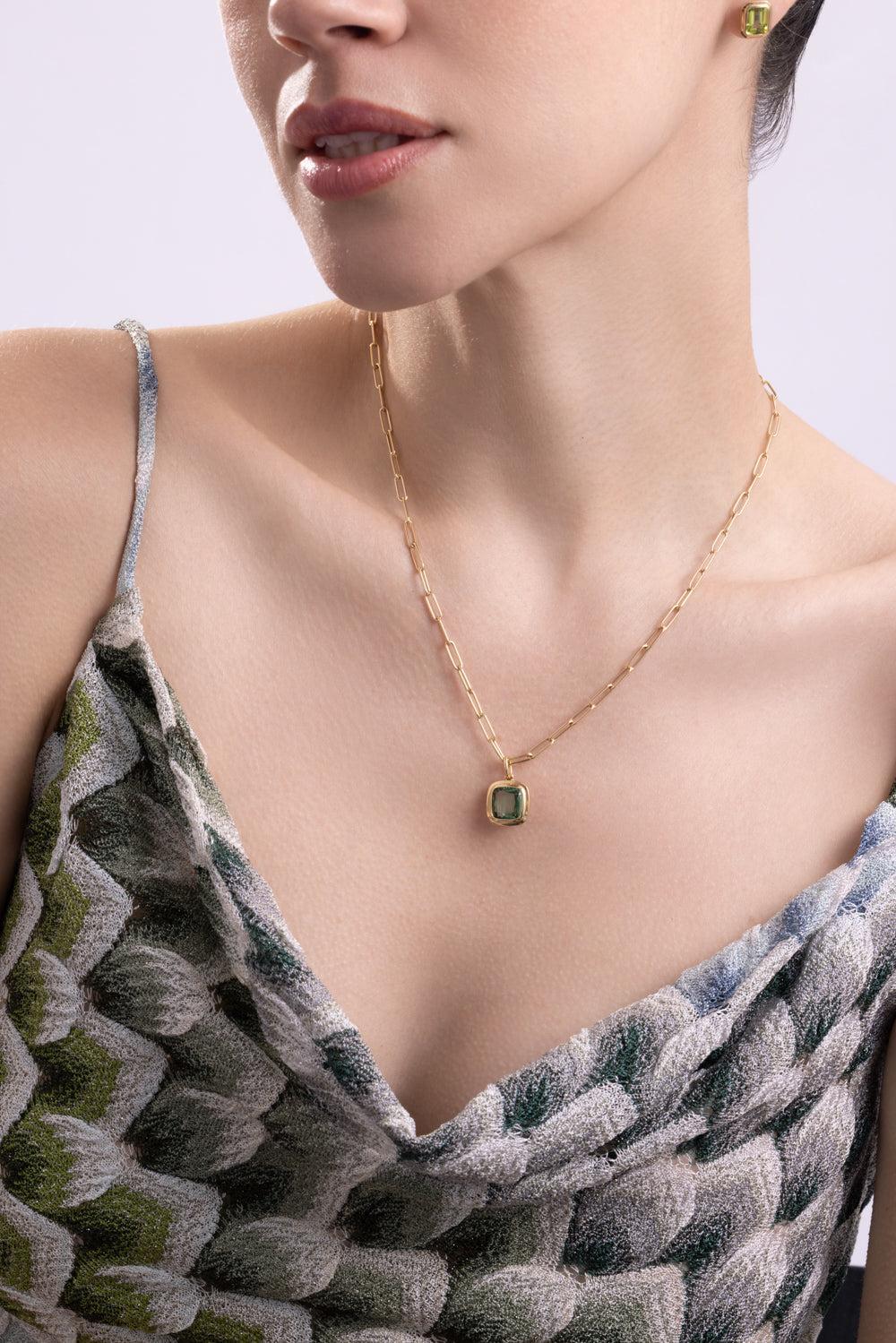 Tourmanline Cushion Pendant G-One Necklace-YELLOW GOLD-18-JEWELRYFINE JEWELNECKLACE O-GOSHWARA