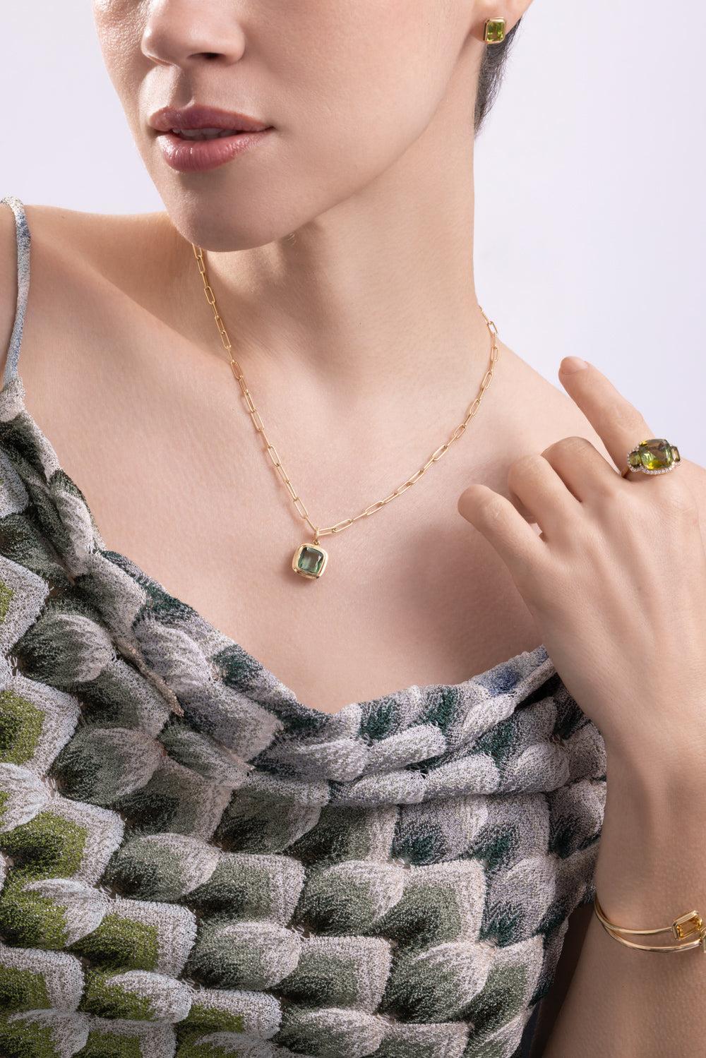 Tourmanline Cushion Pendant G-One Necklace-YELLOW GOLD-18-JEWELRYFINE JEWELNECKLACE O-GOSHWARA