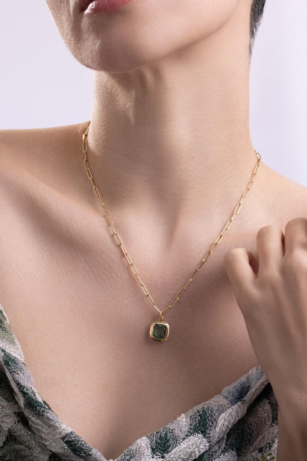 Tourmanline Cushion Pendant G-One Necklace-YELLOW GOLD-18-JEWELRYFINE JEWELNECKLACE O-GOSHWARA