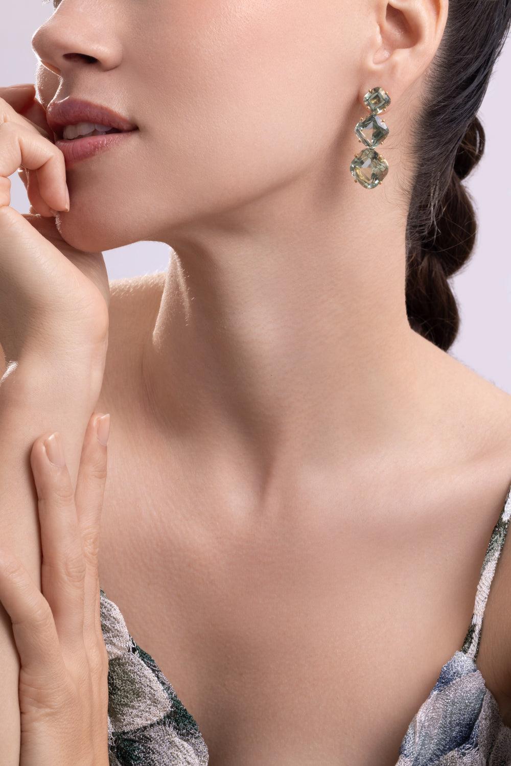 Prasiolite Cushion Three Stone Gossip Earrings-YELLOW GOLD-JEWELRYFINE JEWELEARRING-GOSHWARA