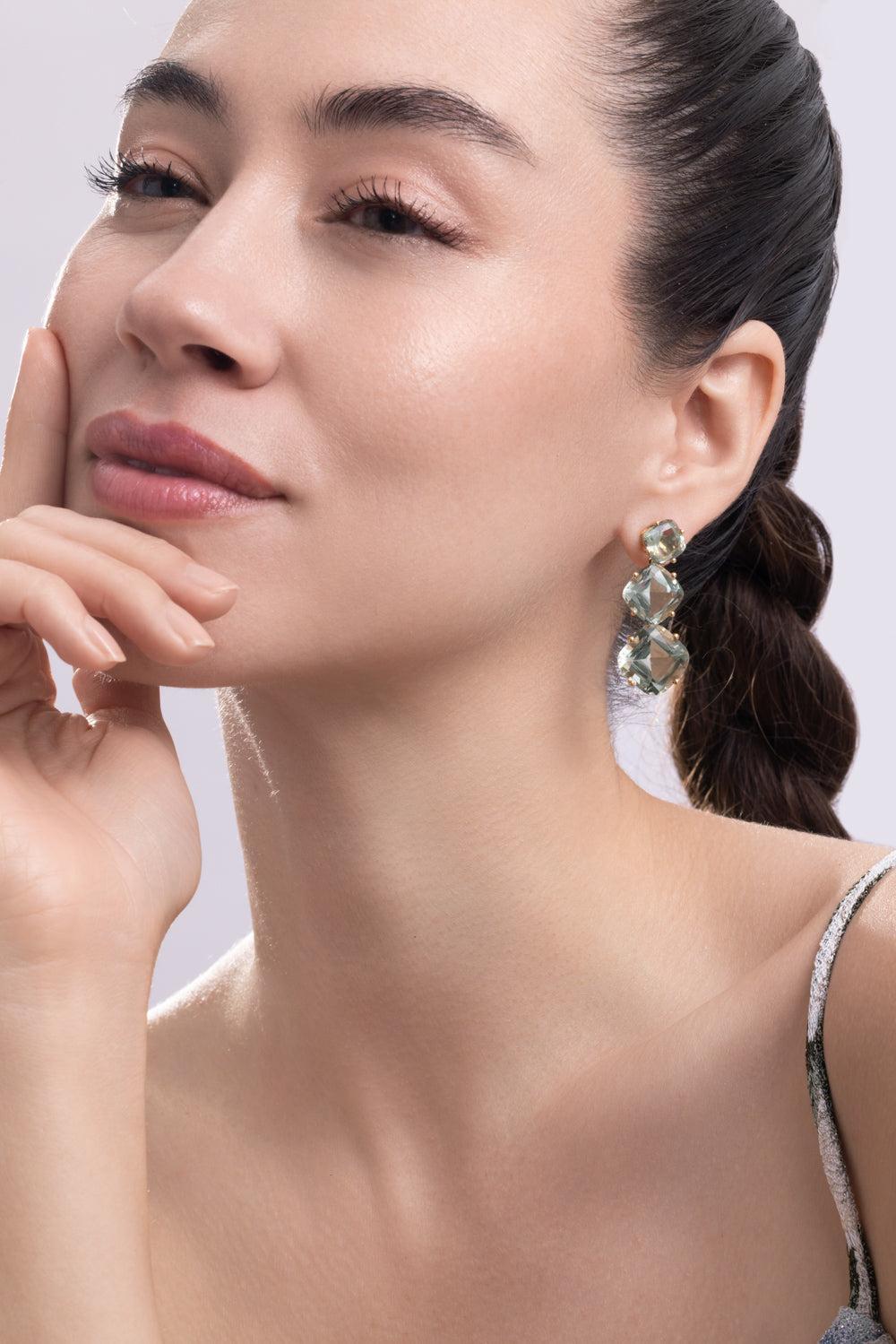 Prasiolite Cushion Three Stone Gossip Earrings-YELLOW GOLD-JEWELRYFINE JEWELEARRING-GOSHWARA