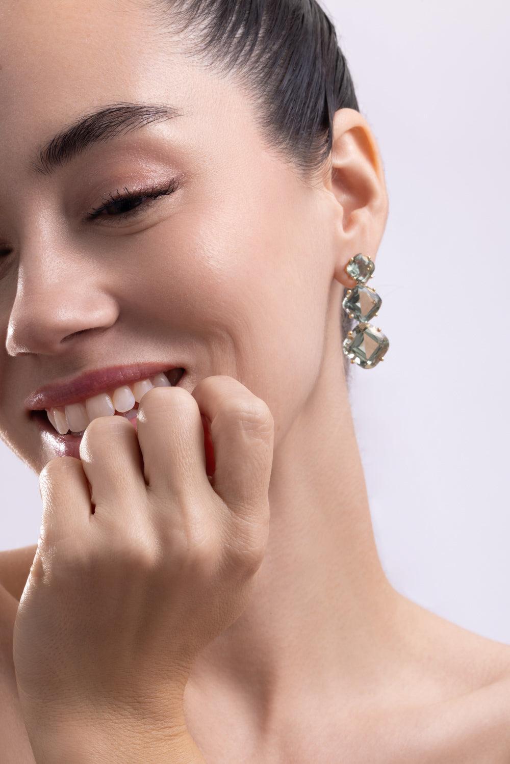 Prasiolite Cushion Three Stone Gossip Earrings-YELLOW GOLD-JEWELRYFINE JEWELEARRING-GOSHWARA