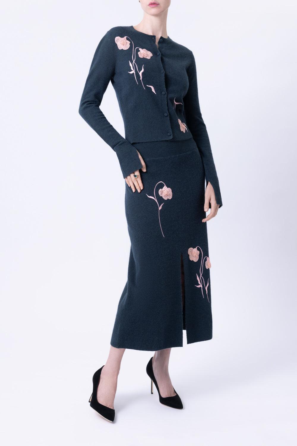 Embroidered Midi Pencil Skirt-GREEN-XS-CLOTHINGSKIRTKNEE LENGT-ERDEM