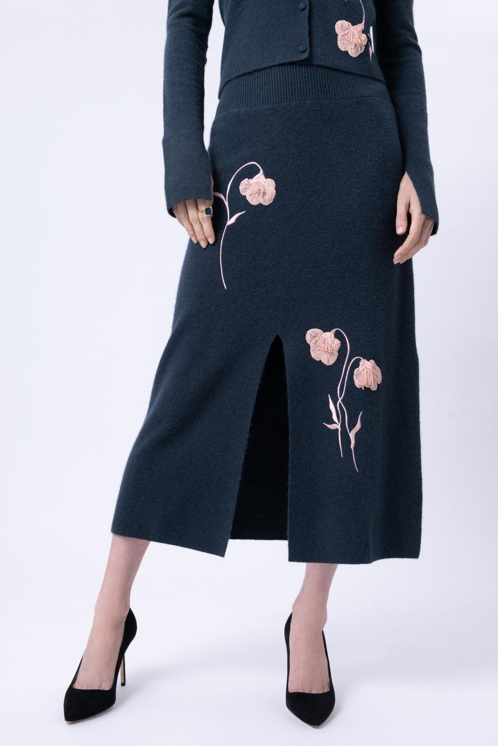 Embroidered Midi Pencil Skirt-GREEN-XS-CLOTHINGSKIRTKNEE LENGT-ERDEM