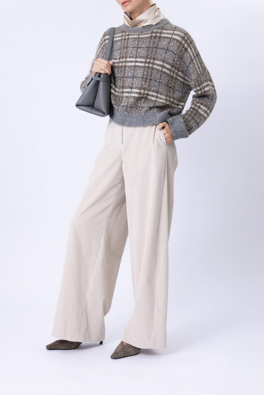 Long Sleeve Plaid Sweater-GREY-XS-CLOTHINGTOPKNITS-BRUNELLO CUCINELLI