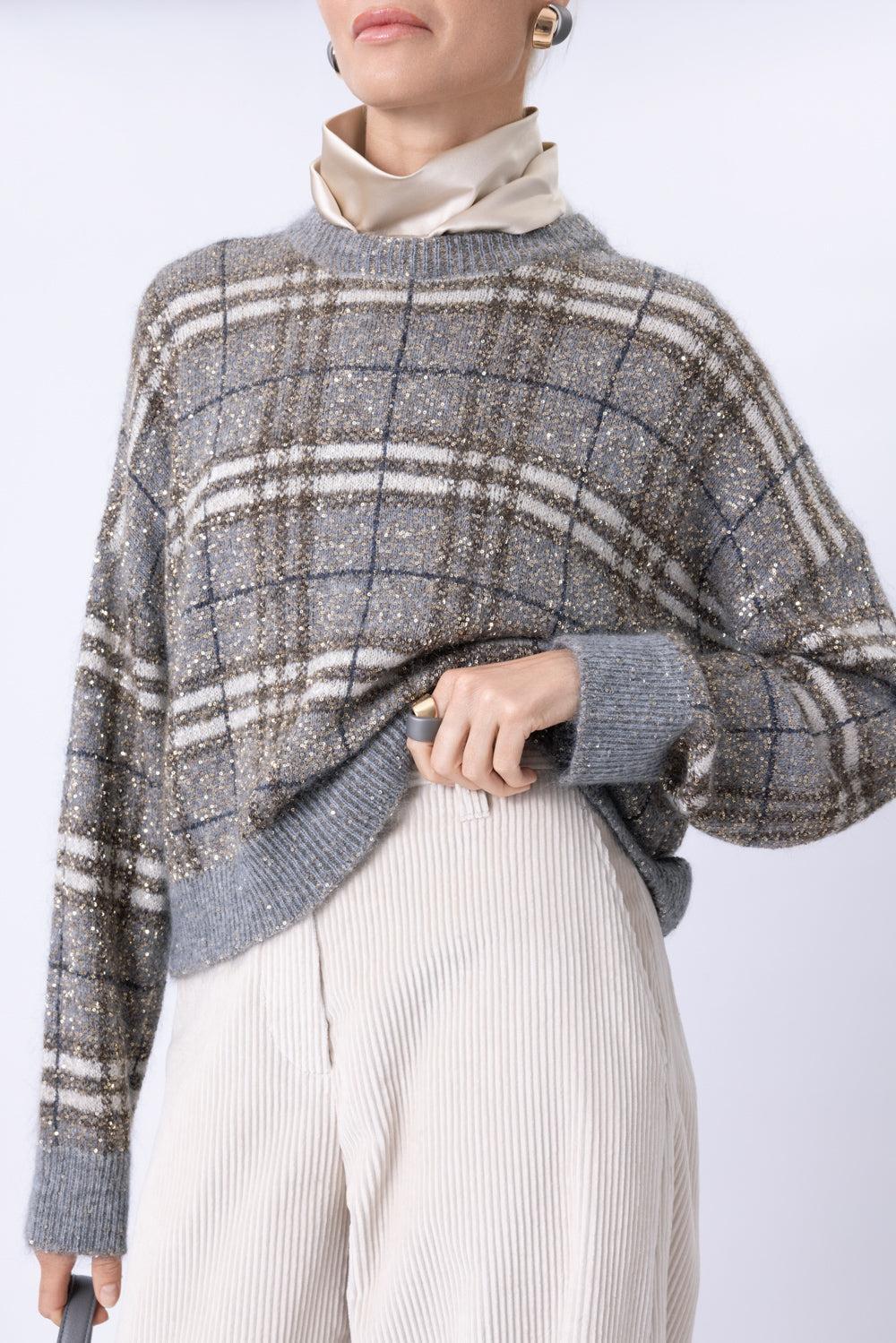 Long Sleeve Plaid Sweater-GREY-XS-CLOTHINGTOPKNITS-BRUNELLO CUCINELLI