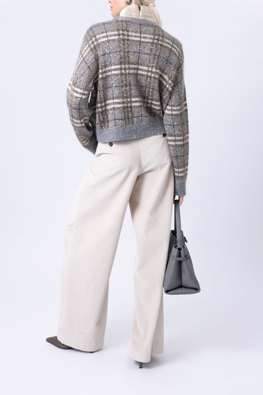 Long Sleeve Plaid Sweater-GREY-XS-CLOTHINGTOPKNITS-BRUNELLO CUCINELLI