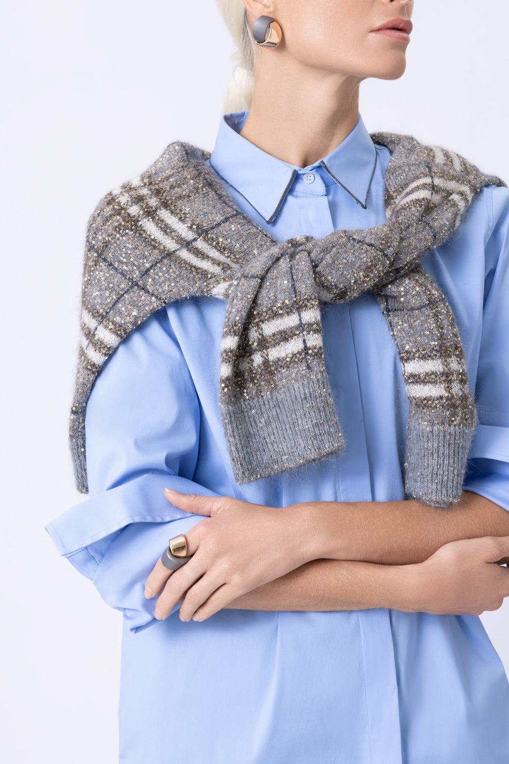 Stretch Monili Collar Shirt - Celeste-BLUE-XS-CLOTHINGTOPBLOUSE-BRUNELLO CUCINELLI