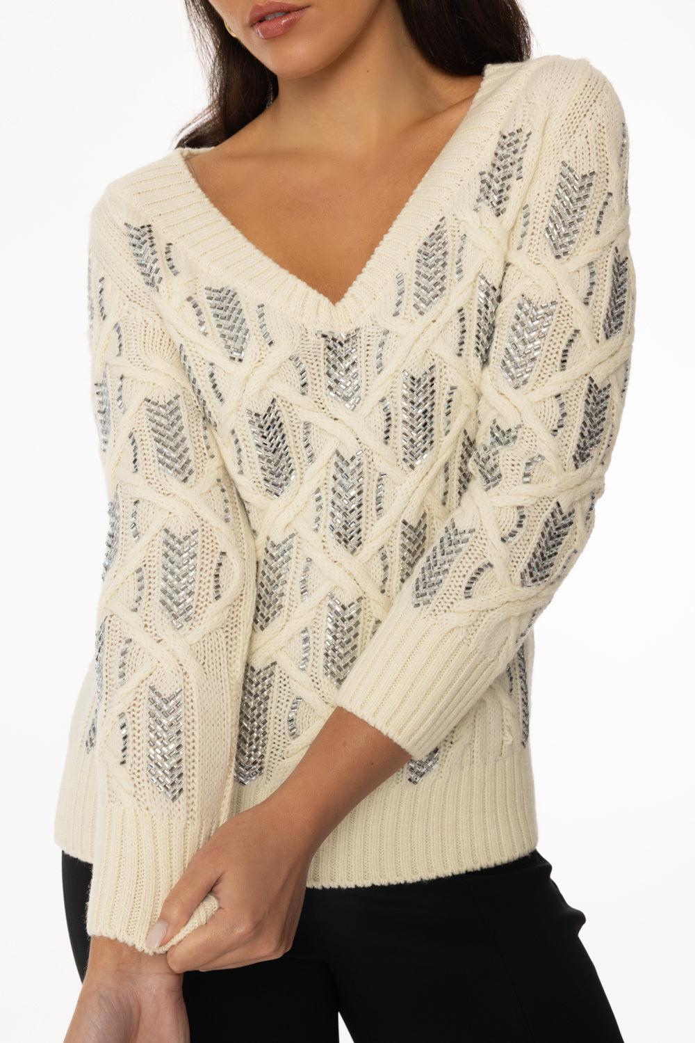 Long Sleeved V-Neck Sweater-IVORY-S-CLOTHINGTOPSWEATER-ERMANNO SCERVINO
