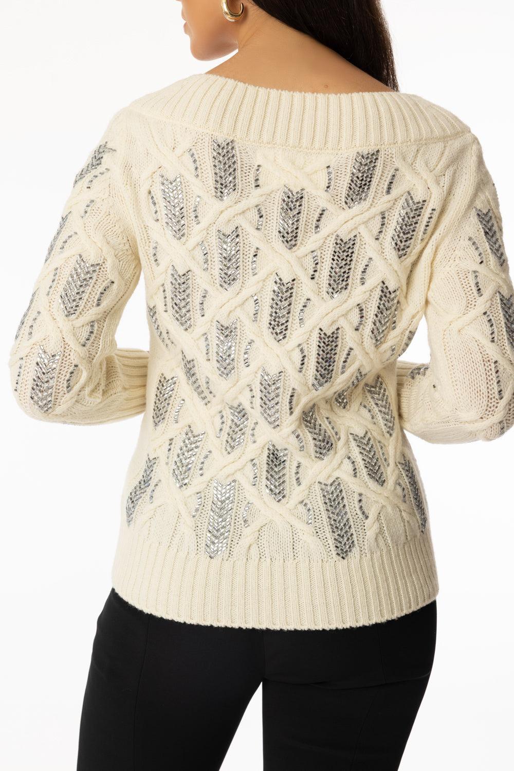 Long Sleeved V-Neck Sweater-IVORY-S-CLOTHINGTOPSWEATER-ERMANNO SCERVINO