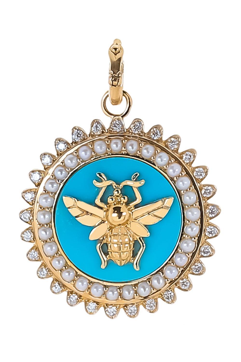 Turquoise Pearl Diamond Minnie Bee Medallion-YELLOW GOLD-JEWELRYFINE JEWELPENDANT-STORROW