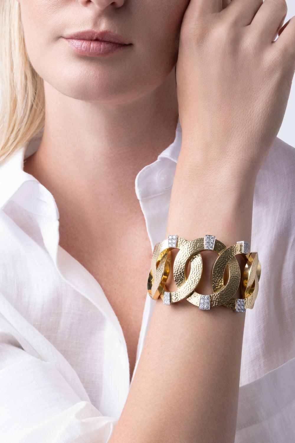 Diamond Hammered Athena Cuff Bracelet-YELLOW GOLD-JEWELRYFINE JEWELBRACELET O-DAVID WEBB