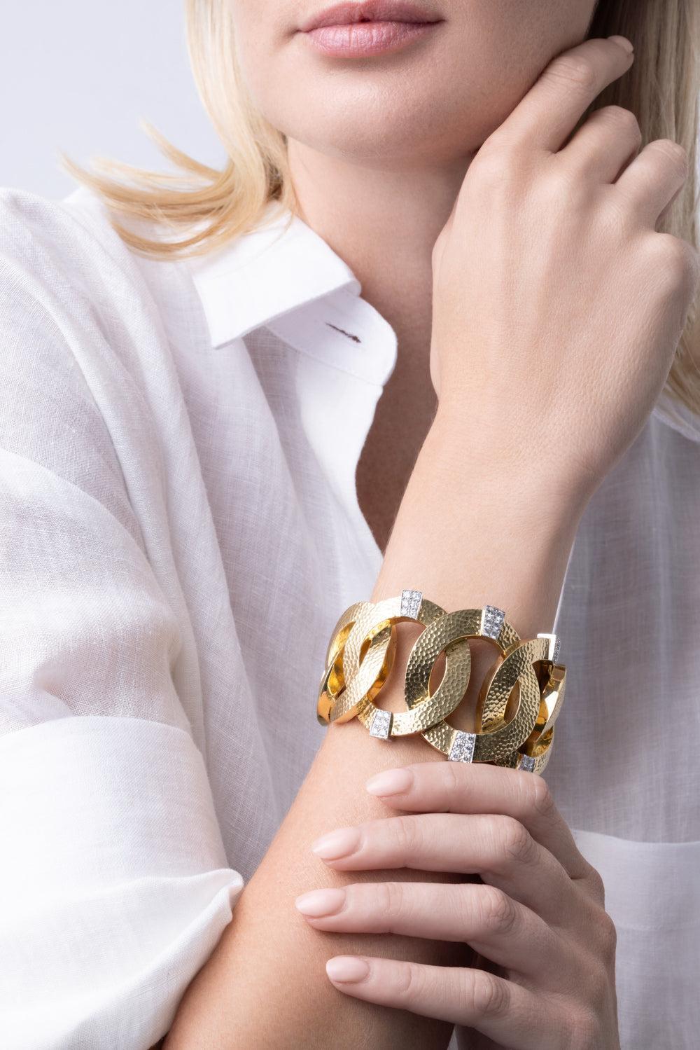 Diamond Hammered Athena Cuff Bracelet-YELLOW GOLD-JEWELRYFINE JEWELBRACELET O-DAVID WEBB