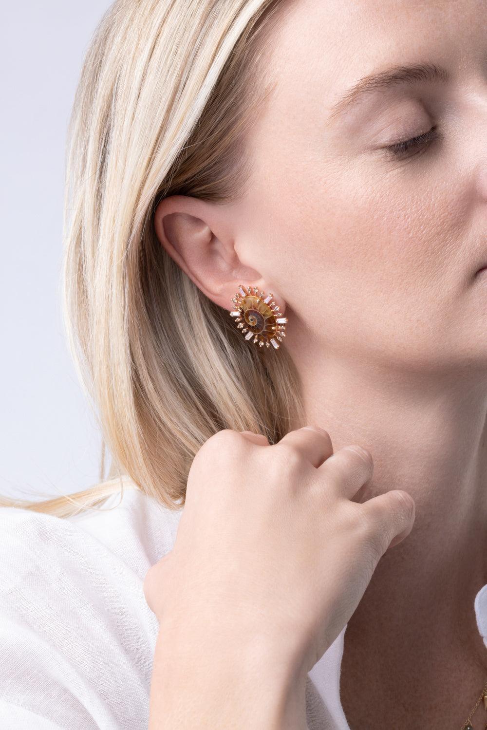 Diamond Ammonite Baguette Earrings-ROSE GOLD-JEWELRYFINE JEWELEARRING-PARULINA