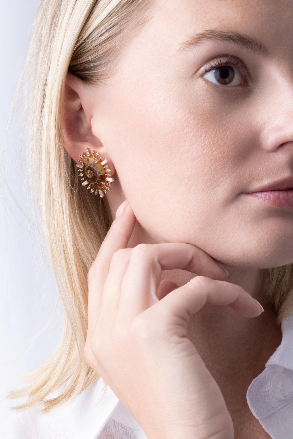 Diamond Ammonite Baguette Earrings-ROSE GOLD-JEWELRYFINE JEWELEARRING-PARULINA