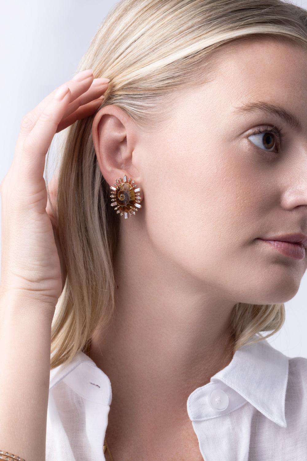 Diamond Ammonite Baguette Earrings-ROSE GOLD-JEWELRYFINE JEWELEARRING-PARULINA