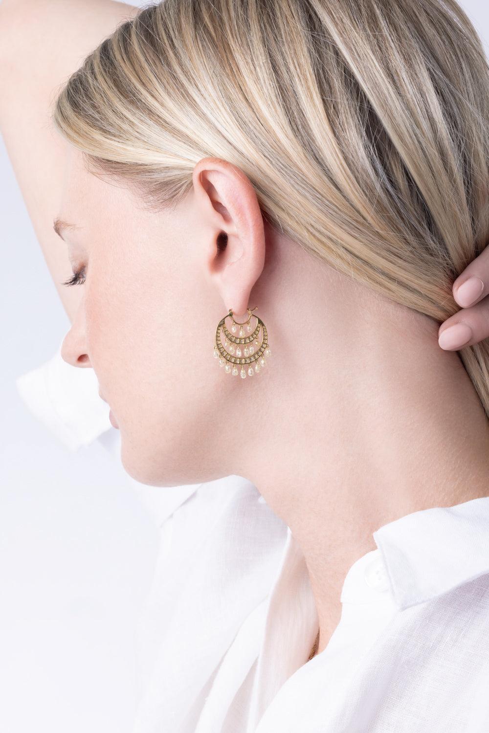 Diamond Briolette Round Tier Earrings-YELLOW GOLD-JEWELRYFINE JEWELEARRING-PARULINA