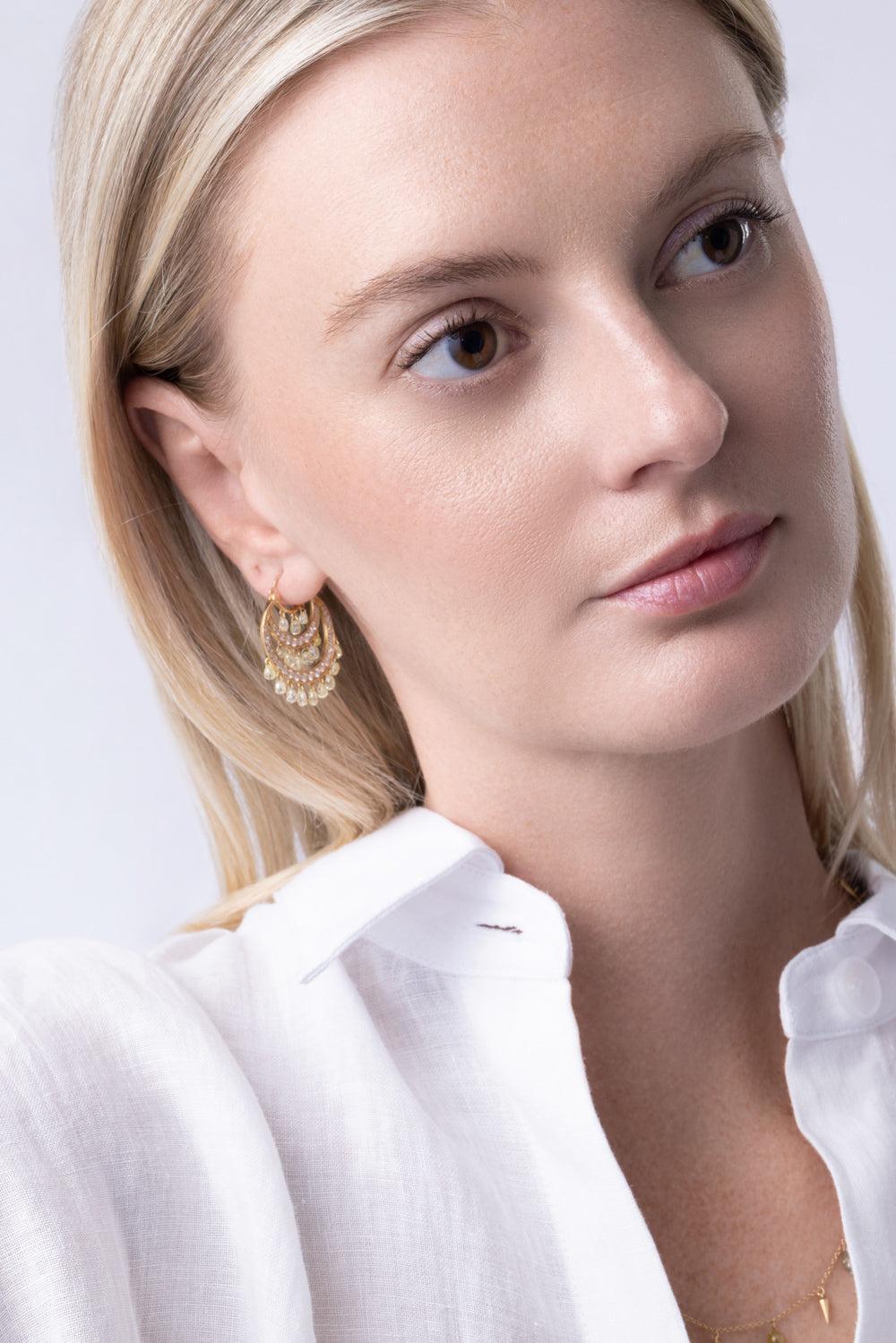 Diamond Briolette Round Tier Earrings-YELLOW GOLD-JEWELRYFINE JEWELEARRING-PARULINA