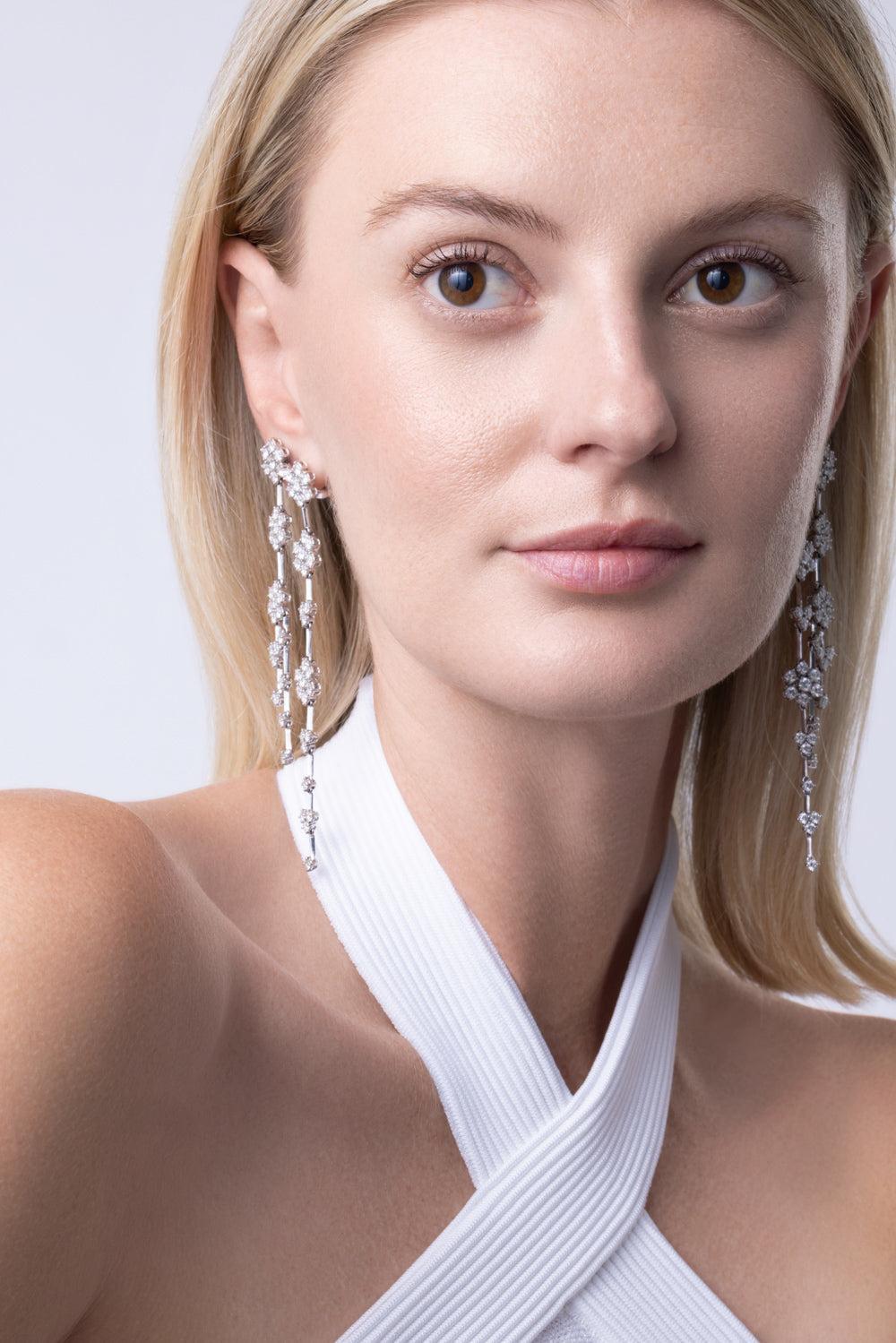 Diamond Cascading Flower Earrings-WHITE GOLD-JEWELRYFINE JEWELEARRING-ZYDO