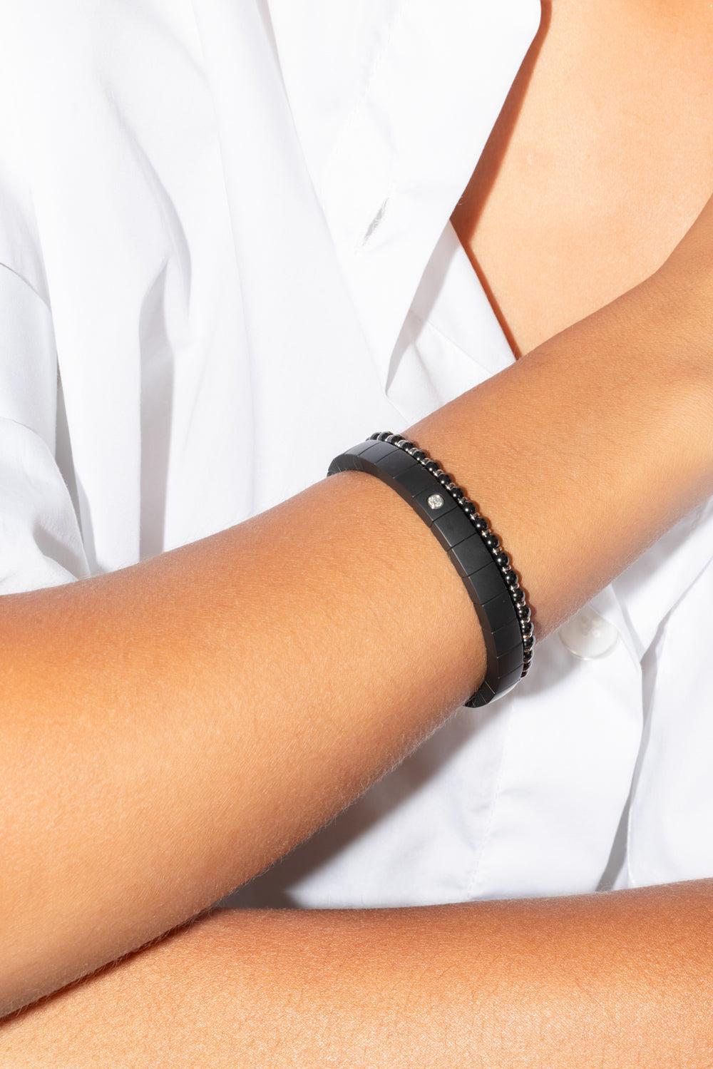 Sfera Black Ceramic Stretch Bracelet-WHITE GOLD-JEWELRYFINE JEWELBRACELET O-ROBERTO DEMEGLIO
