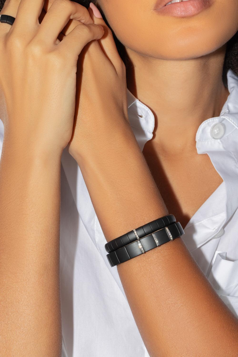 Three Diamond Bar Domino Matte Black Ceramic Stretch Bracelet-WHITE GOLD-JEWELRYFINE JEWELBRACELET O-ROBERTO DEMEGLIO