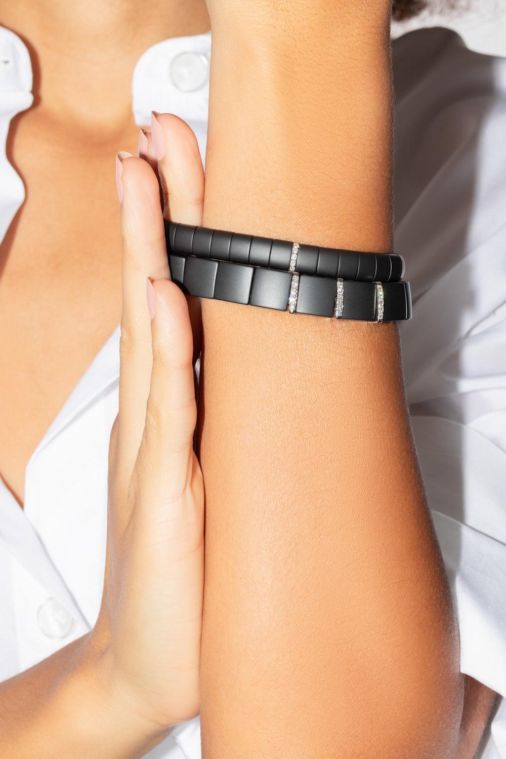Three Diamond Bar Domino Matte Black Ceramic Stretch Bracelet-WHITE GOLD-JEWELRYFINE JEWELBRACELET O-ROBERTO DEMEGLIO