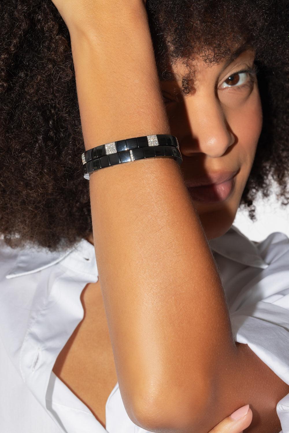 Seven Diamond Black Scacco Stretch Bracelet-WHITE GOLD-JEWELRYFINE JEWELBRACELET O-ROBERTO DEMEGLIO