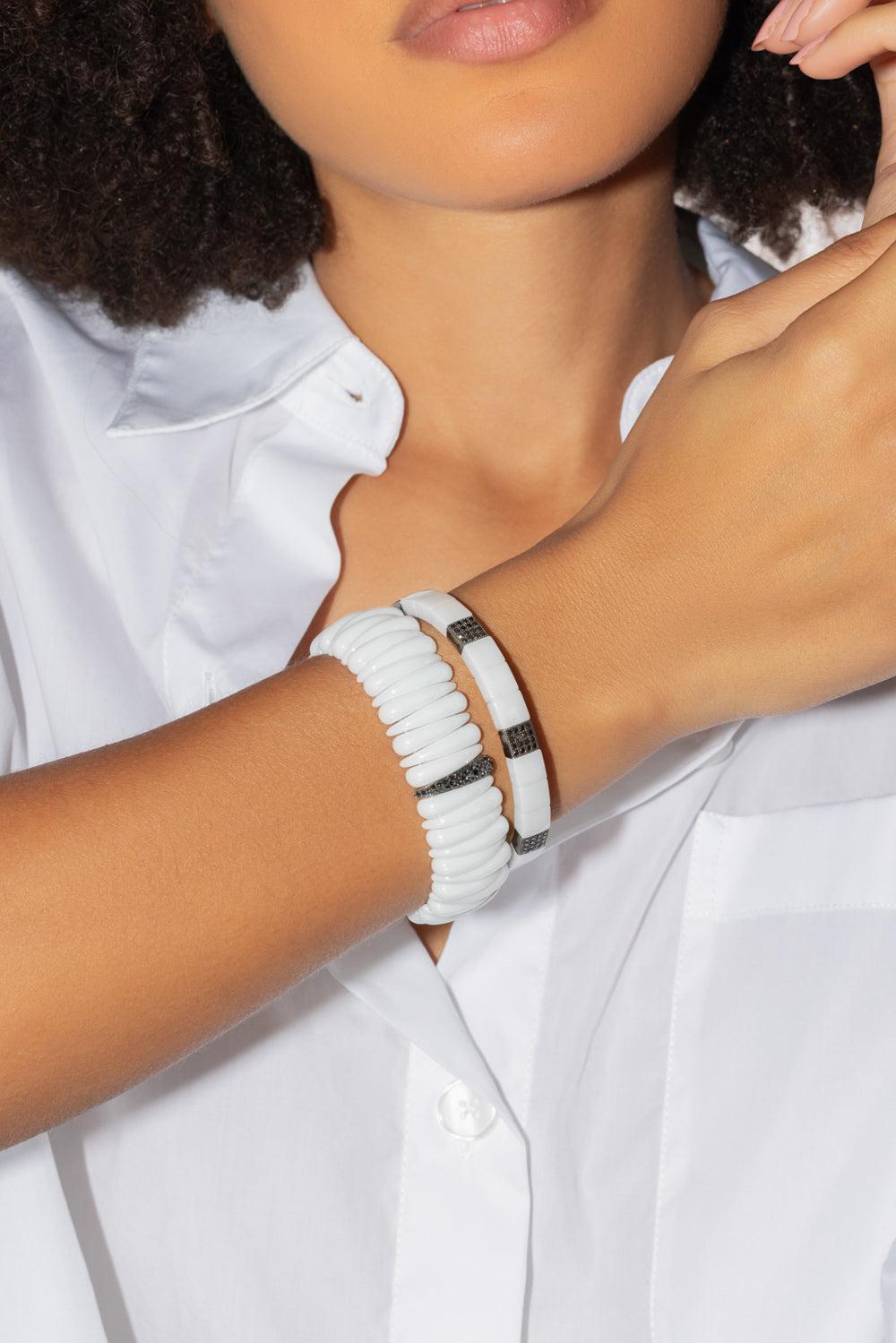 Seven Diamond Station Scacco Ceramic Stretch Bracelet-WHITE GOLD-JEWELRYFINE JEWELBRACELET O-ROBERTO DEMEGLIO