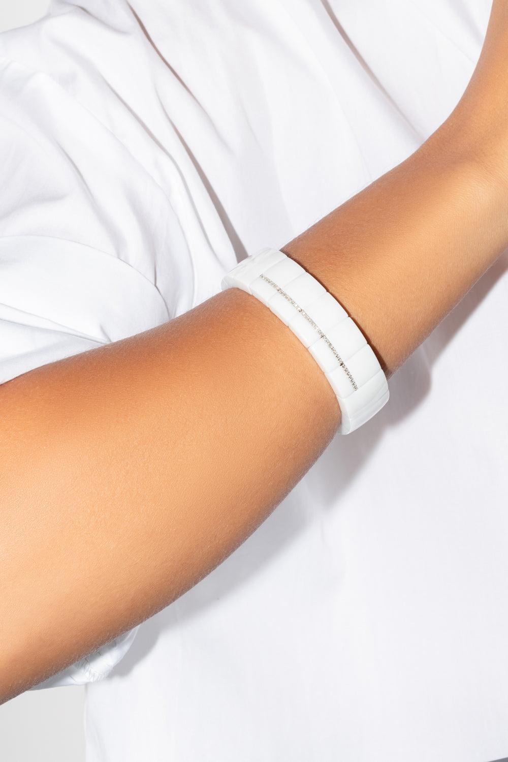 Five Diamond Bar Domino Rectangular Ceramic Stretch Bracelet-WHITE GOLD-JEWELRYFINE JEWELBRACELET O-ROBERTO DEMEGLIO