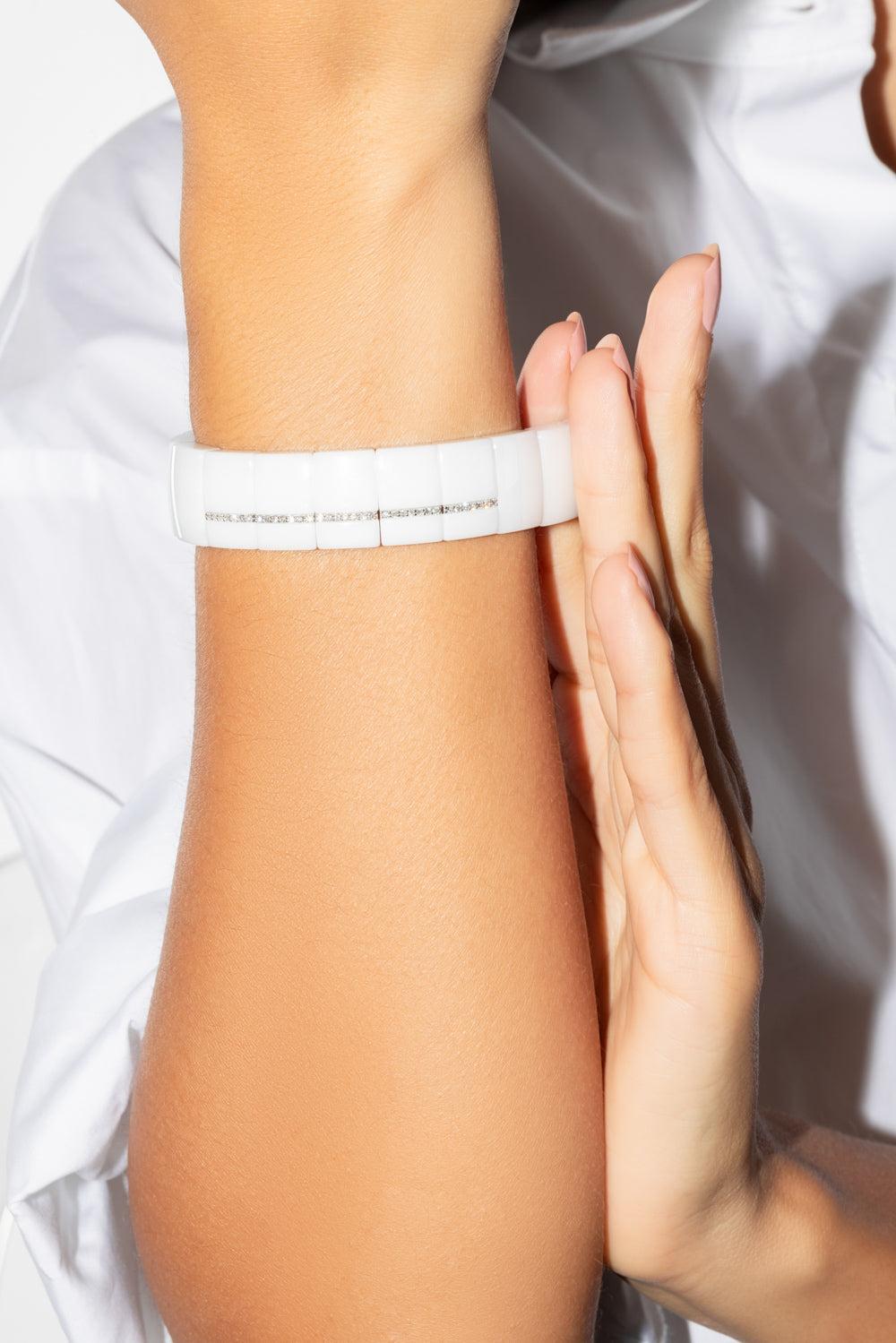 Five Diamond Bar Domino Rectangular Ceramic Stretch Bracelet-WHITE GOLD-JEWELRYFINE JEWELBRACELET O-ROBERTO DEMEGLIO