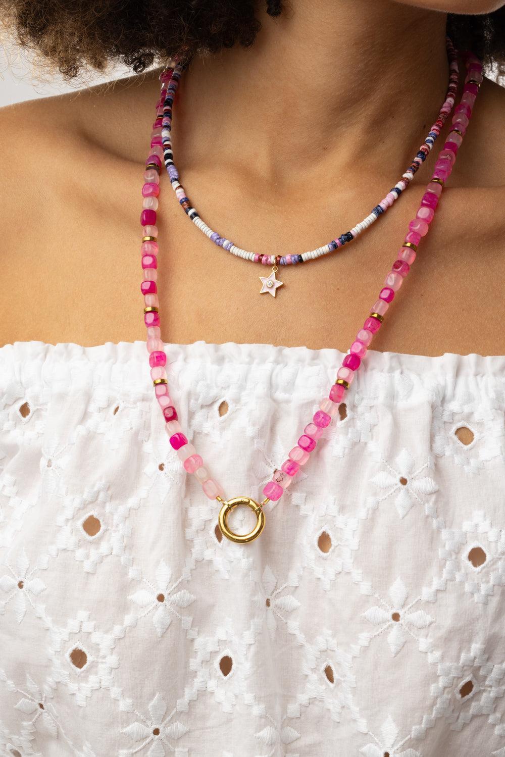 Pink Agate Beaded Necklace-PINK-JEWELRYBOUTIQUENECKLACE O-HIJAS DE PUKA