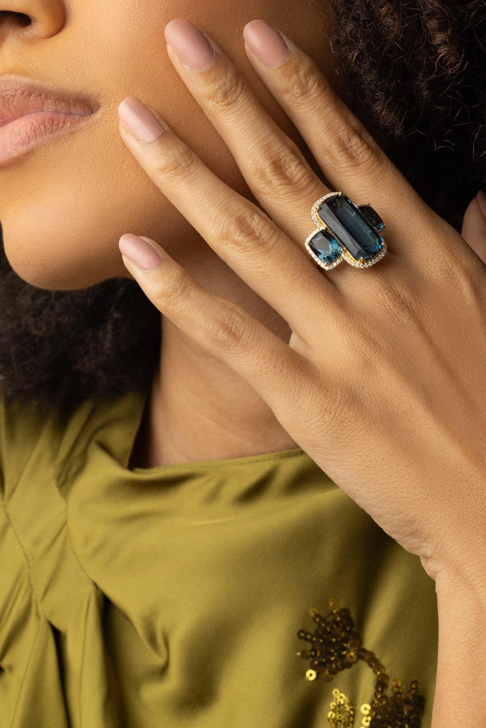 London Blue Topaz Three Stone Gossip Ring-YELLOW GOLD-6.75-JEWELRYFINE JEWELRING-GOSHWARA