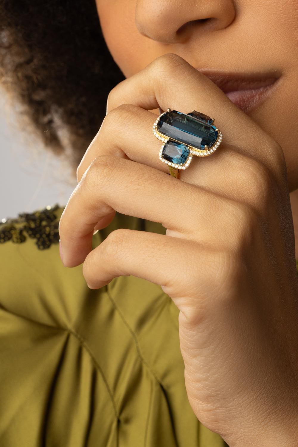 London Blue Topaz Three Stone Gossip Ring-YELLOW GOLD-6.75-JEWELRYFINE JEWELRING-GOSHWARA