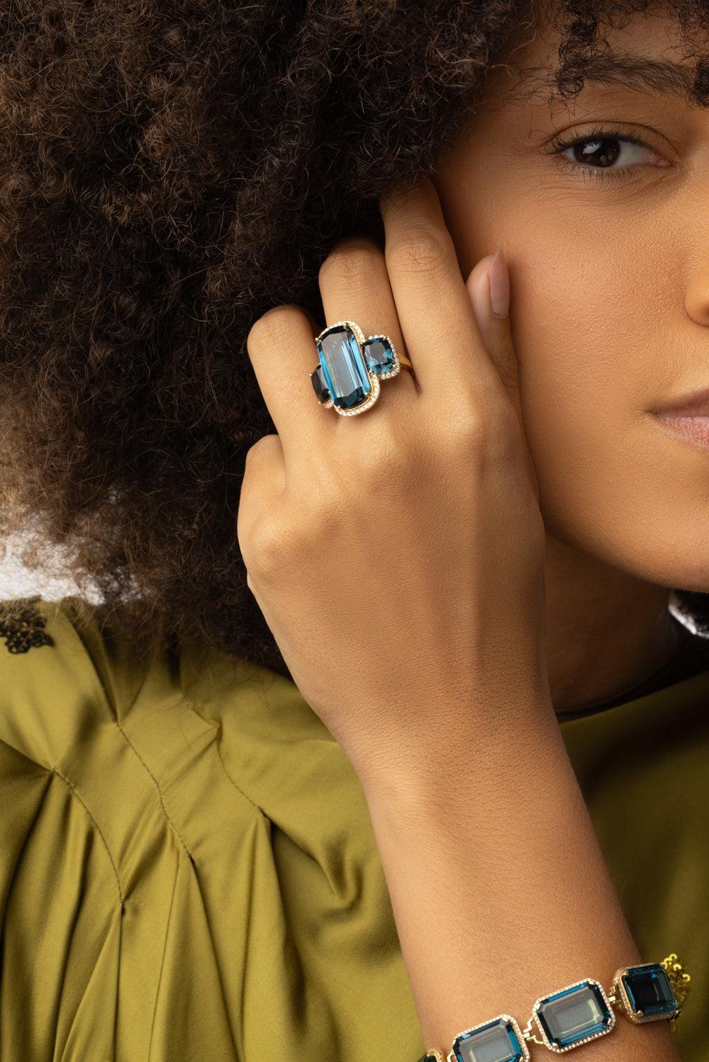 London Blue Topaz Three Stone Gossip Ring-YELLOW GOLD-6.75-JEWELRYFINE JEWELRING-GOSHWARA