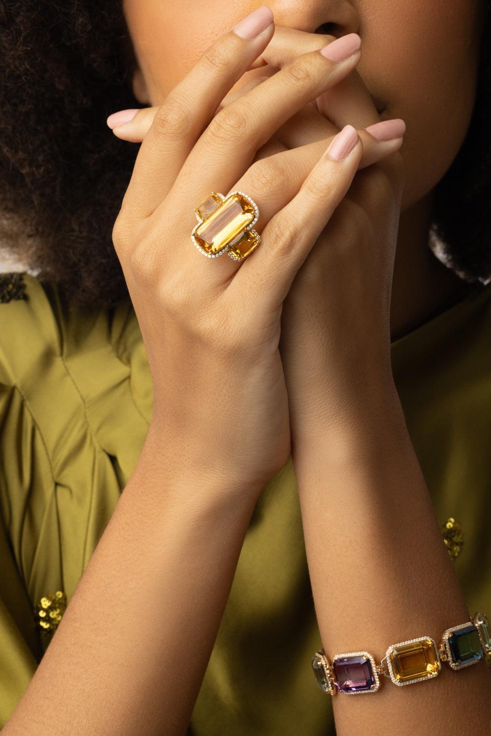 Citrine Three Stone Gossip Ring-YELLOW GOLD-6.75-JEWELRYFINE JEWELRING-GOSHWARA