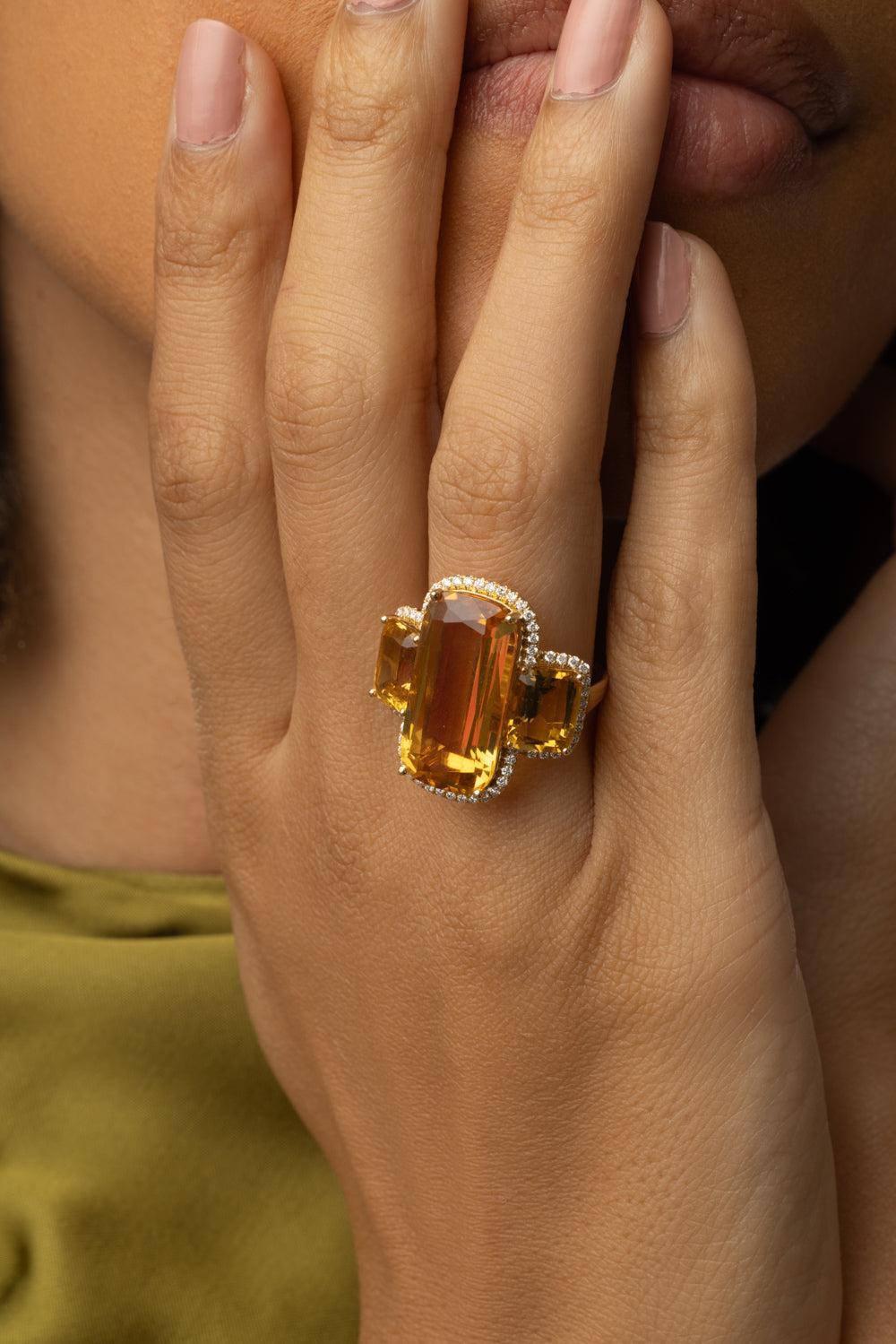 Citrine Three Stone Gossip Ring-YELLOW GOLD-6.75-JEWELRYFINE JEWELRING-GOSHWARA