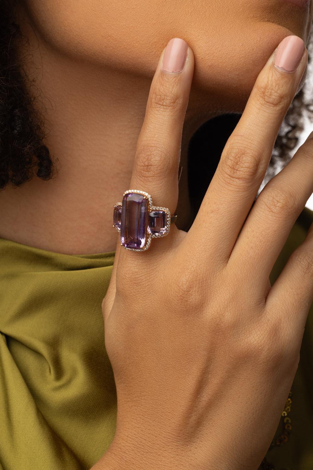 Lavender Amethyst Three Stone Gossip Ring-ROSE GOLD-6.5-JEWELRYFINE JEWELRING-GOSHWARA