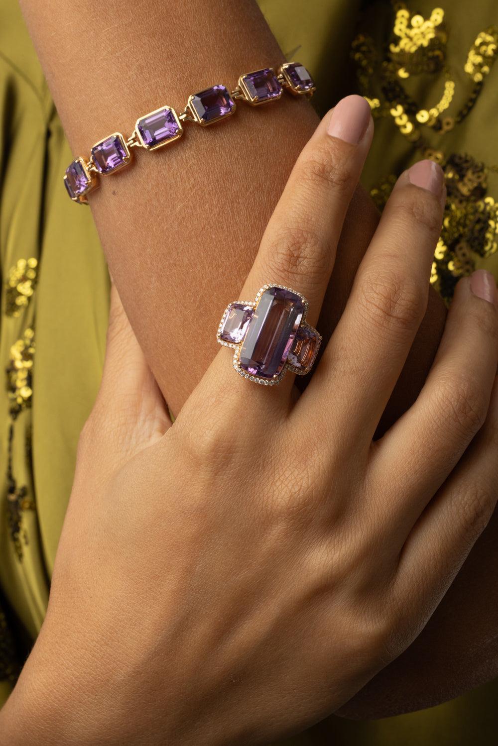 Lavender Amethyst Three Stone Gossip Ring-ROSE GOLD-6.5-JEWELRYFINE JEWELRING-GOSHWARA
