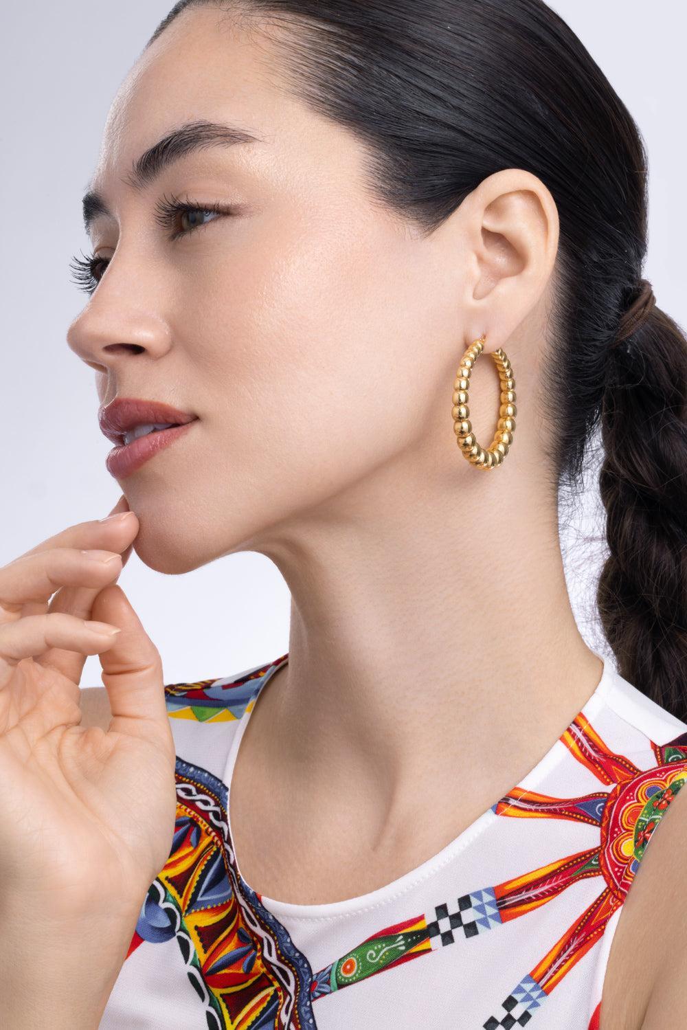 Golden Dreams Collection Beaded Round Hoop Earrings-YELLOW GOLD-JEWELRYFINE JEWELEARRING-LISA NIK