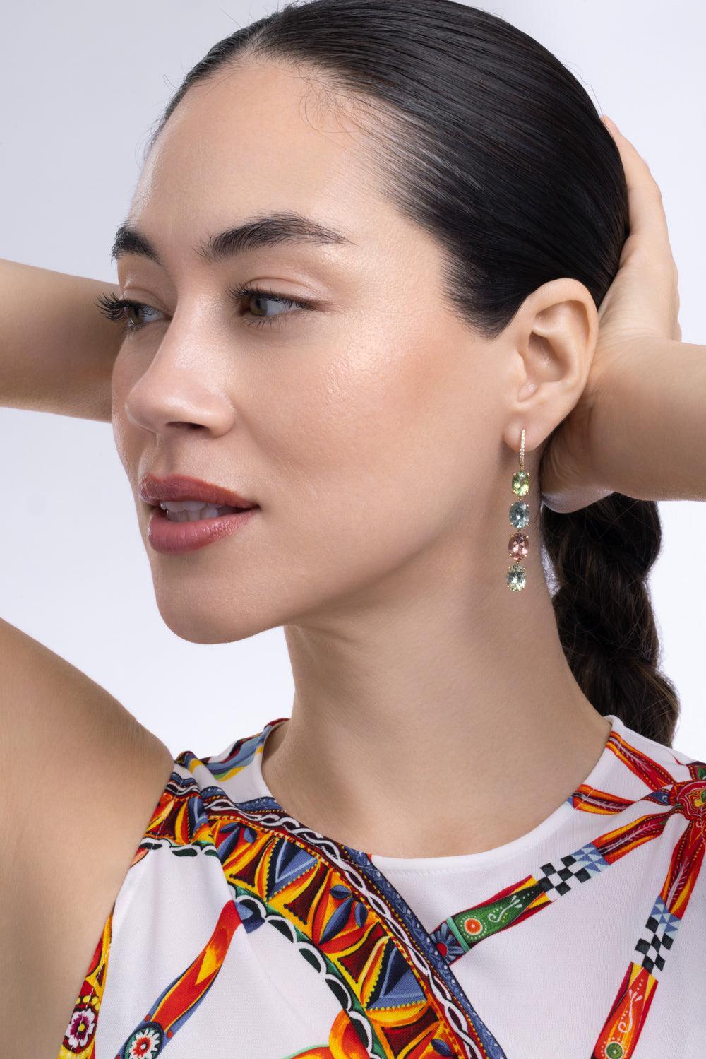 Tourmaline Diamond Asymmetric Collection Earrings-YELLOW GOLD-JEWELRYFINE JEWELEARRING-LISA NIK