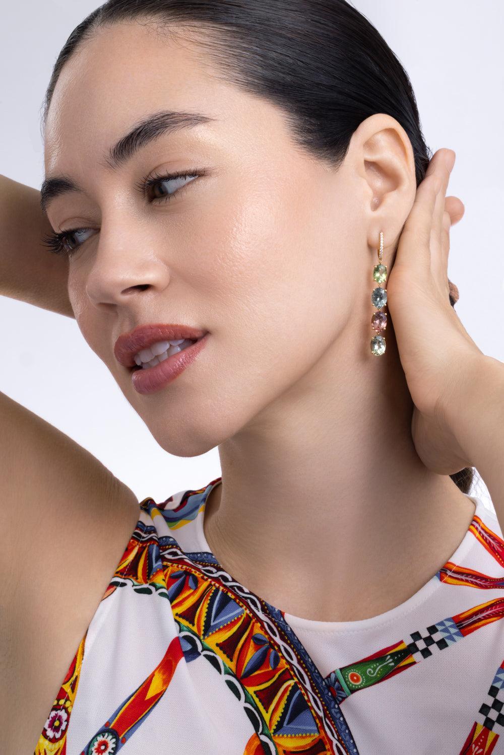 Tourmaline Diamond Asymmetric Collection Earrings-YELLOW GOLD-JEWELRYFINE JEWELEARRING-LISA NIK